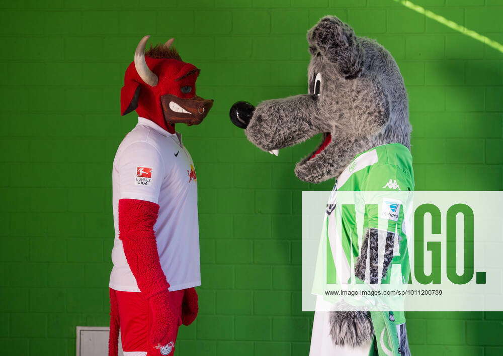 Leipzigs Mascot Bulli Meets Vfl Mascot Woelfi At The Volkswagen Arena