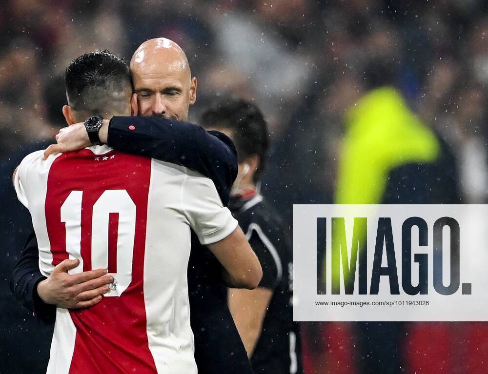 Amsterdam Lr Ajax Coach Erik Ten Hag And Dusan Tadic Of Ajax Celebrate