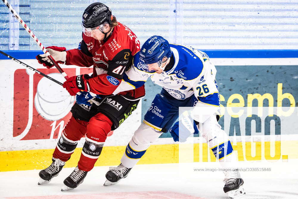 231102 Malmö Redhawks Lauri Pajuniemi and Leksands Patrik Noren during