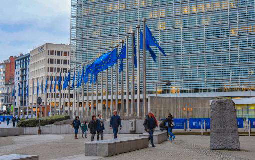 European Flags Blow At The Eu Commission Berlaymont Gebauede In