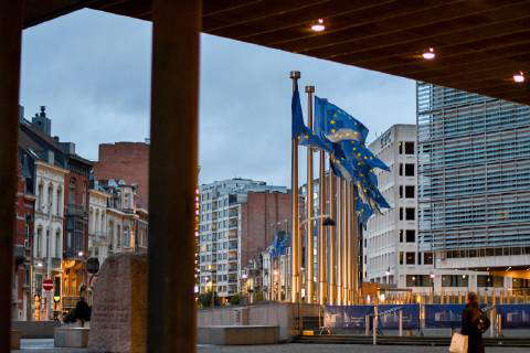 European Flags Blow At The Eu Commission Berlaymont Gebauede In