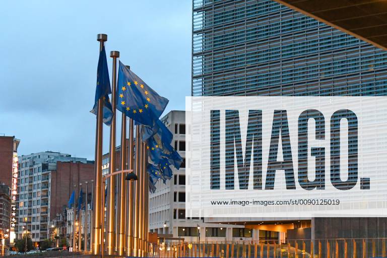 European Flags Blow At The EU Commission Berlaymont Gebauede In