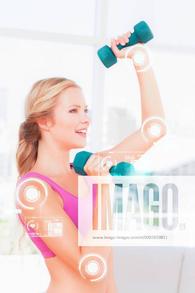 Composite Image Of Toned Blonde Lifting Dumbbells And Smiling Model