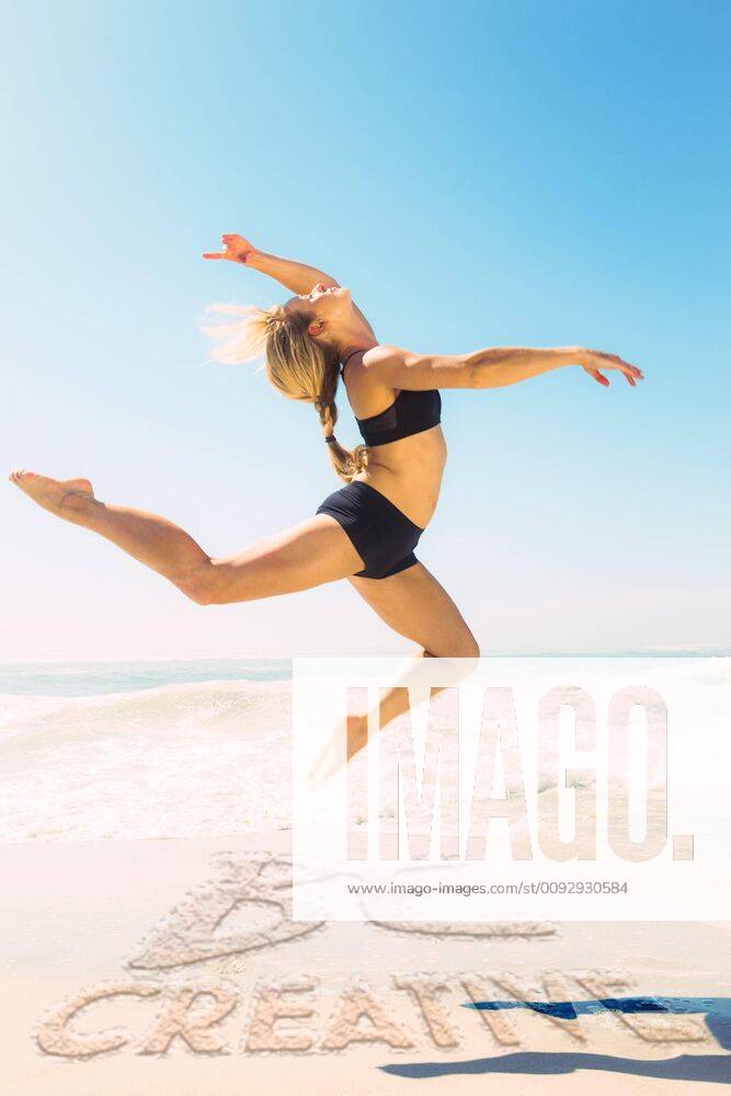 Composite Image Of Fit Blonde Jumping Gracefully On The Beach Model