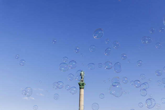 Soap Bubbles Over The Castle Square In Stuttgart With Jubilee Column