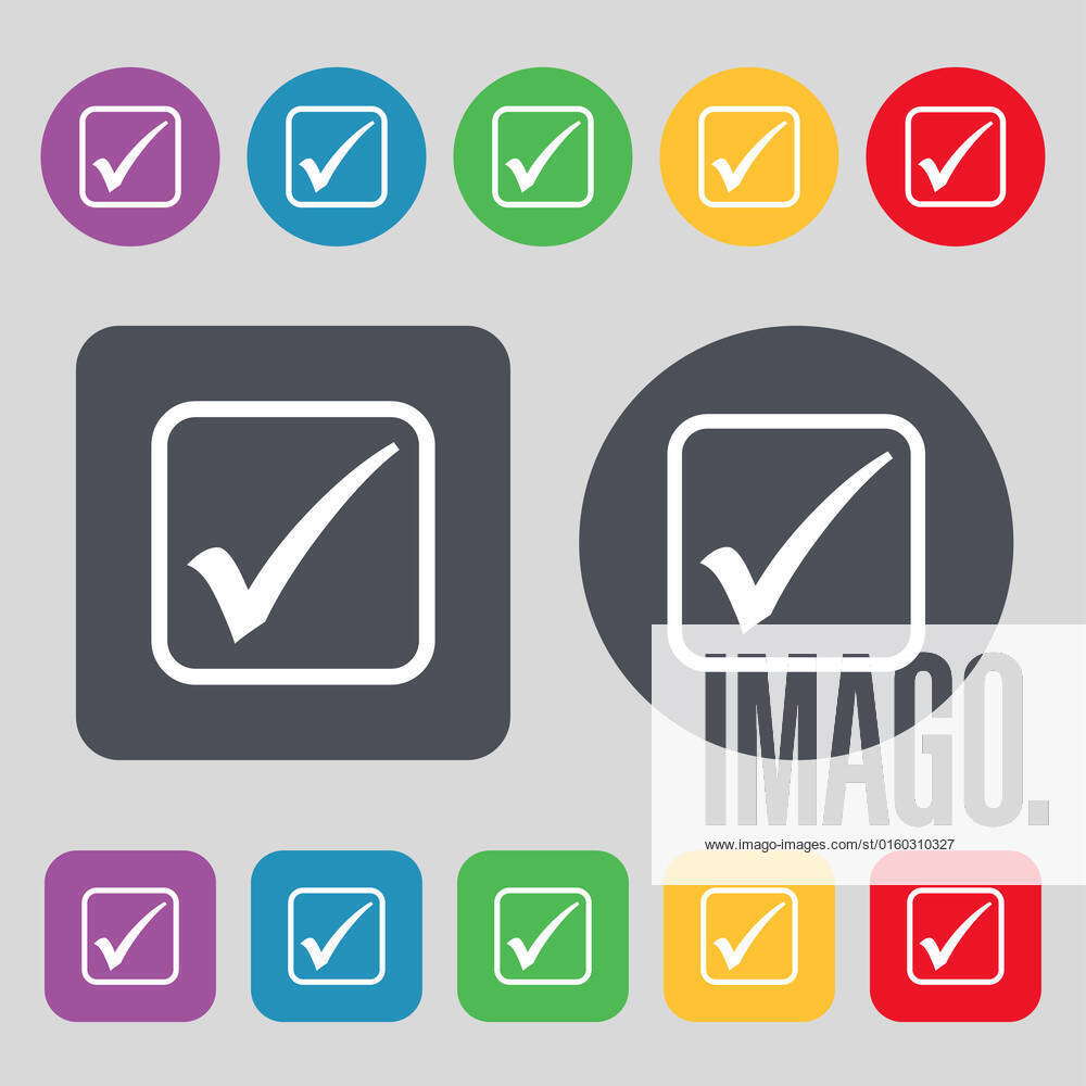 A Check Mark Icon Sign A Set Of 12 Colored Buttons Flat Design