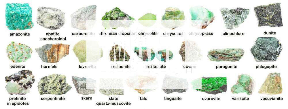 Set Of Various Green Unpolished Minerals With Name Set Of Various