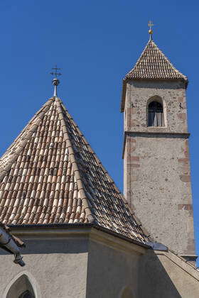 Church In The Village Of Montiggl Colorful Shingle Roof On The South