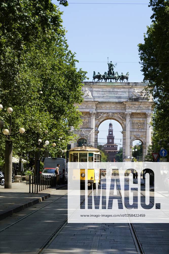 Traditional Yellow Tramway Corso Sempione Street And Arco Della Pace