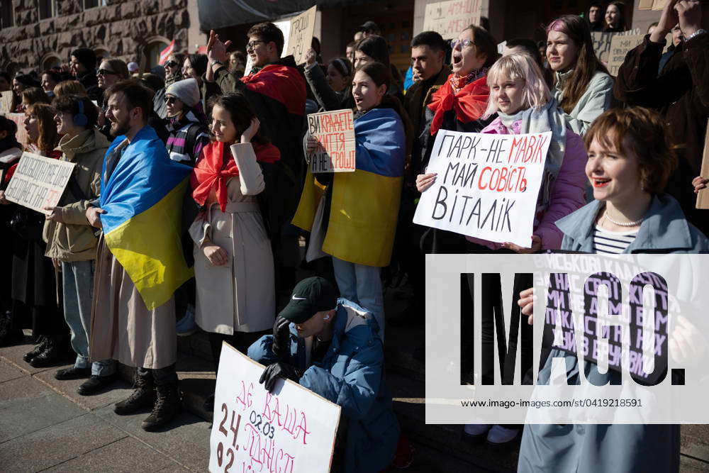 March Kyiv Ukraine Protesters Hold Placards Expressing Their