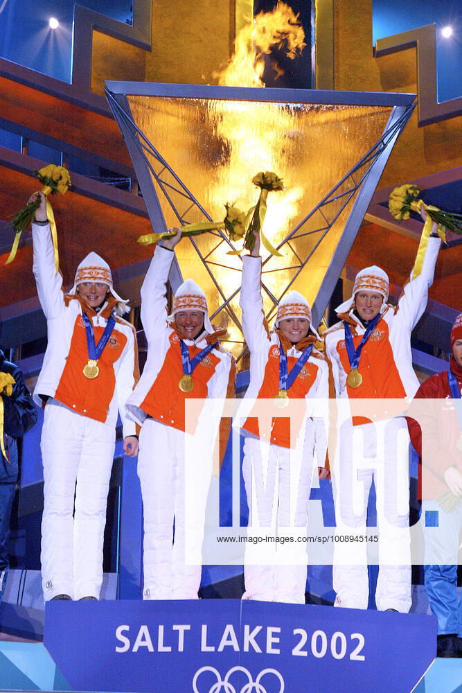DISL Uschi, APEL Katrin, WILHELM Kati and HENKEL Andrea Team GER Biathlon Relay Women 1 Place Biathlon Women Relay Germany wins Gold Medal Olympic Winter Games 2002 Salt Lake City USA on 18 02 2002 in Salt Lake City