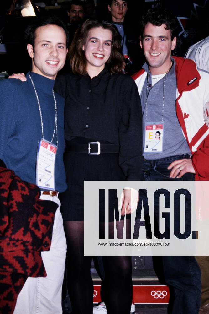 WITT Katarina Olympic Champion as TV commentator on the press stand with Olympic Champion BOITANO Brian and B Orser on 17 02 1992 in Albertville Olympic Winter Games in Albertville 1992