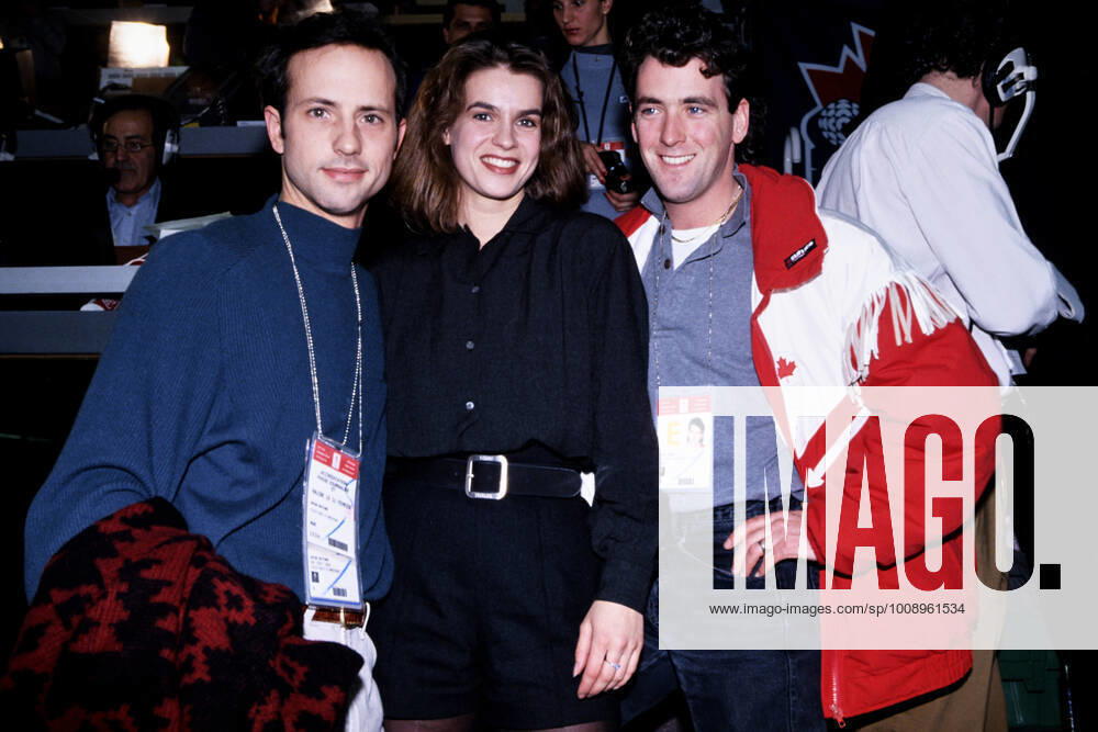WITT Katarina Olympic Champion as TV commentator on the press stand with Olympic Champion BOITANO Brian and B Orser on 17 02 1992 in Albertville Olympic Winter Games in Albertville 1992