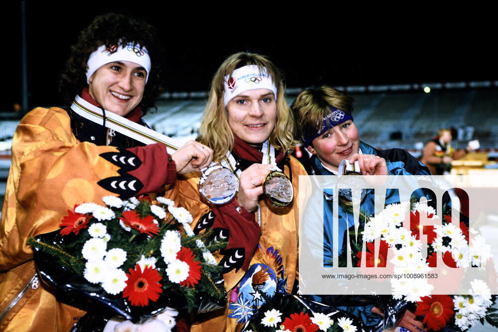 PECHSTEIN Claudia Team GER 3 Place Final 5000m of the Women Award Ceremony with Olympic Champion NIEMANN Gunda and WARNICKE Heike on 17 02 1992 in Albertville Olympic Winter Games in Albertville 1992