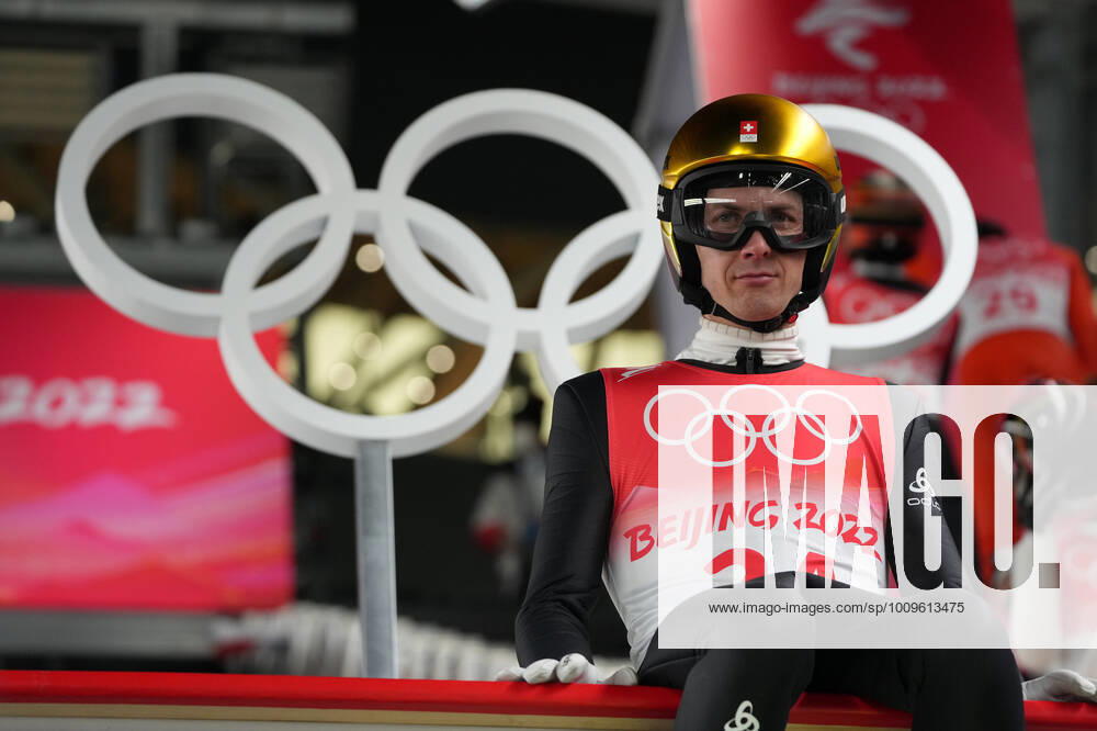 (220206) -- ZHANGJIAKOU, Feb. 6, 2022 -- Simon Ammann, of Switzerland, prepares to jump during the men s normal hill individual Ski jumping, Skispringen, Ski, nordisch trial round at the National Ski Jumping Centre in Zhangjiakou, north China s Hebei Province, Feb. 6, 2022. (Matthias Schrader AP Pool via Xinhua) (BEIJING2022) CHINA-ZHANGJIAKOU-OLYMPIC Winter games, Winterspiele,Spiele, Summer games SKI JUMPING (CN) IOPPxSHARE