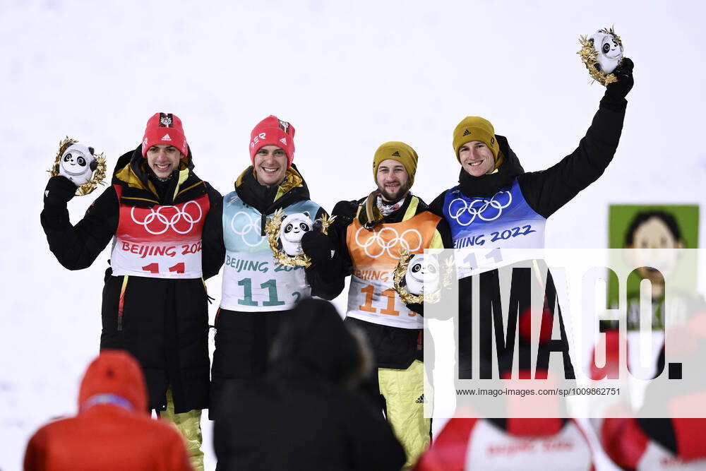 GEIGER Karl, ESENBICHLER, LEYHE Stephan and SCHMID Constantin Team GER 3 place ski jumping team jumping large hill on Monday the 14 02 2022 Ski Jumping Center in Zhangjiakon Olympic Winter Games 2022 in Beijing China