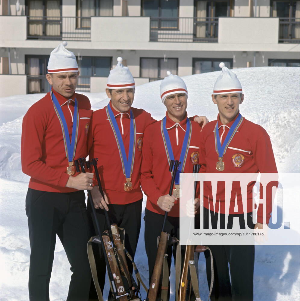 Soviet biathletes 495569 09.01.1972 From left: the USSR national team, Nationalteam of Viktor Mamatov, Ivan Byakov, Rinat Safin and Alexander Tikhonov won the men s relay at the XI Olympic Winter games, Winterspiele,Spiele, Summer games in Sapporo. Dmitryi Donskoy Sputnik Japan