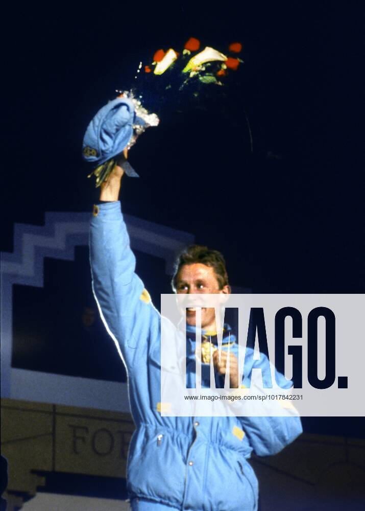 ARCHIVE 1988 02 27 Swedish cross-country skier Gunde Svan on the podium with the gold medal around his neck after winning Olympic gold in cross-country skiing over 50 km at the Olympic Games in Calgary, Canada, 27th February 1988 Calgary Canada