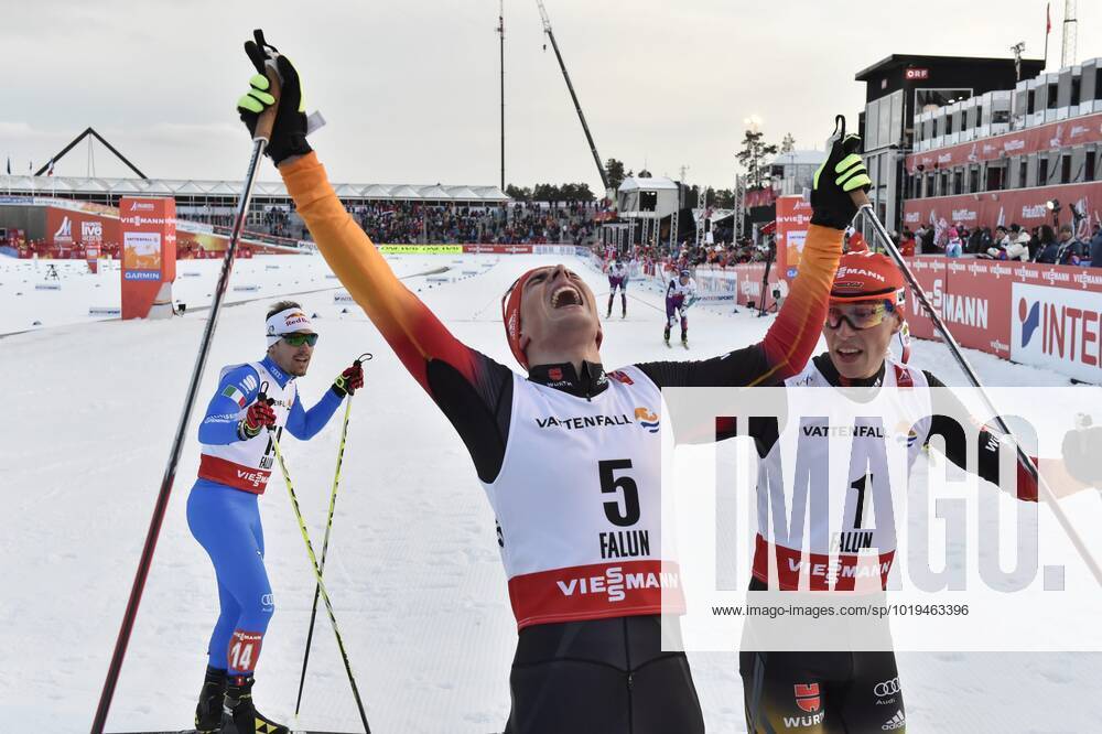 FALUN 20150220 Germanys Johannes Rydzek wins after the mens 10km pursuit start during the Nordic Combined Ski Championships in Falun.Behind him Alessandro Pittin from Italy, and Eric Frenzel, Germany, who finished fourth.Photo Anders Wiklund TT kod 10040 FALUN SVERIGE