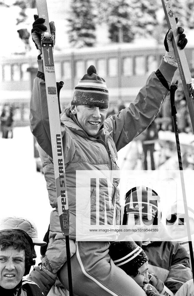ARCHIVE 1984 02 13 Swedish cross-country skier Gunde Svan is celebrated as the winner of the gold medal race in the 15 km cross-country skiing event at the Winter Olympics in Sarajevo, Yugoslavia on 13 February 1984 Sarajevo Bosnia Hercegovina