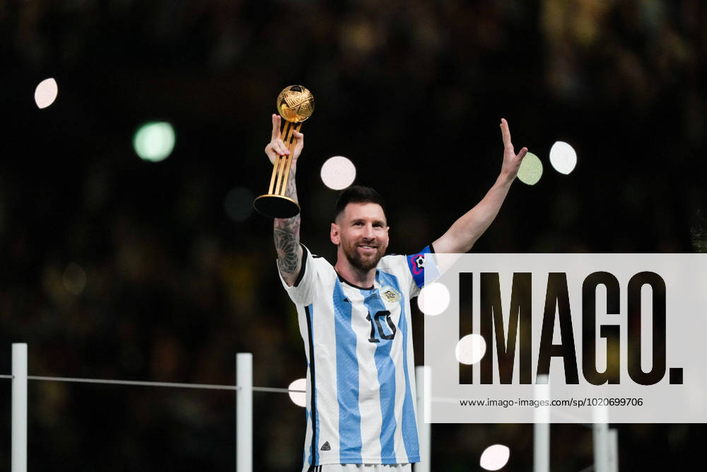 Player of Argentina Lionel Messi receives the World Cup 2022 Golden Ball award after the FIFA World Cup, WM, Weltmeisterschaft, Fussball Qatar 2022 Final match between Argentina and France on December 18, 2022, at Lusail Iconic Stadium in Lusail, Qatar. (Photo by Florencia Tan Jun PxImages Icon Sportswire) SOCCER: DEC 18 FIFA World Cup Final - France v Argentina Icon221218107