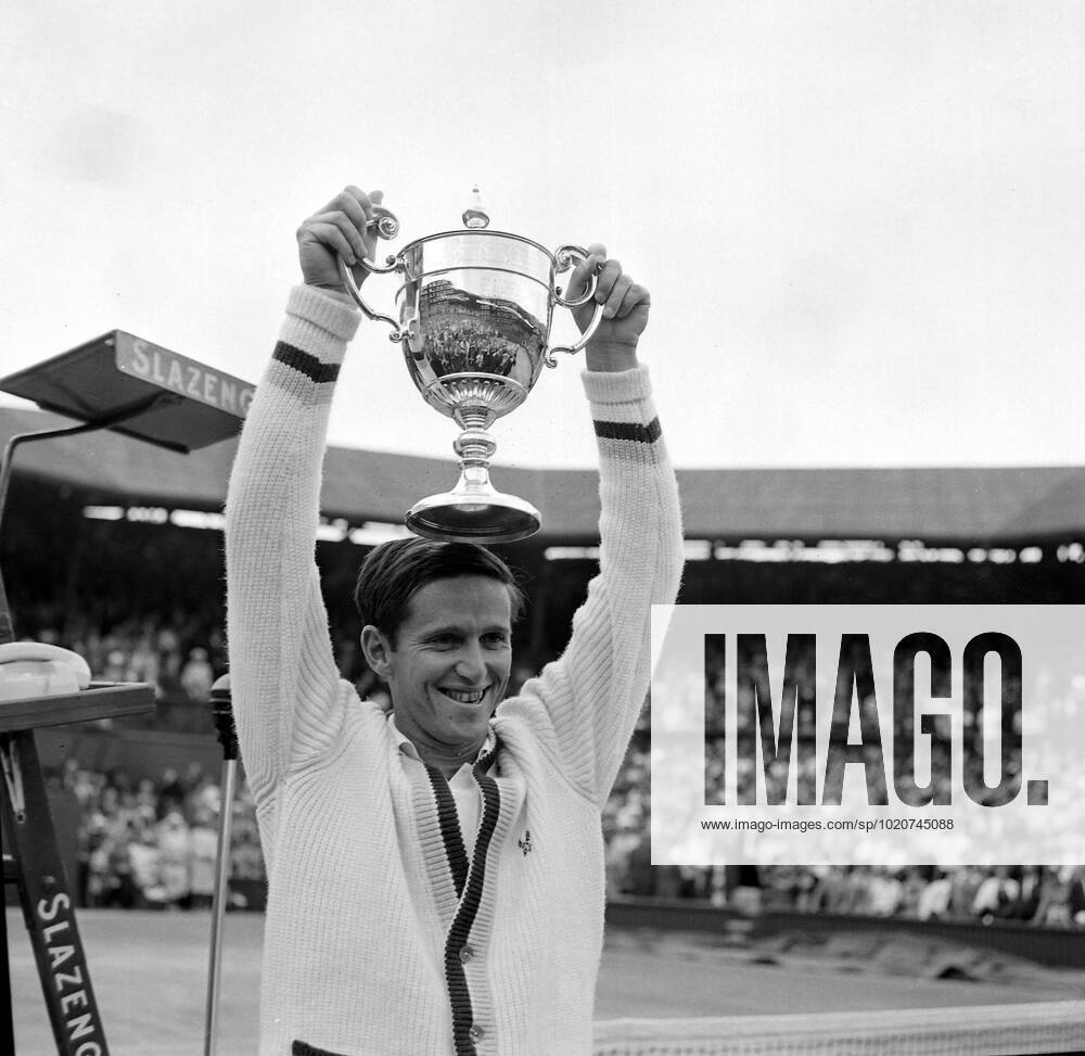 Australia s Roy Emerson beat compatriot Fred Stolle to win the men s singles final of the All England Lawn Tennis Championships at Wimbledon, London, England. United Kingdom England