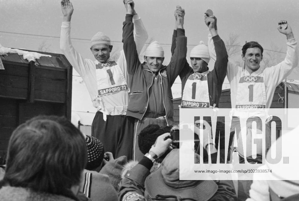 Sapporo, Japan. February 11, 1972. Soviet biathletes Viktor Mamatov, Ivan Byakov, Rinat Safin and Alexander Tikhonov (L-R) celebrate their gold medals in the 4x7.5 kilometre biathlon relay competition at the 1972 Winter Olympics. Viktor Budan TASS 32431517