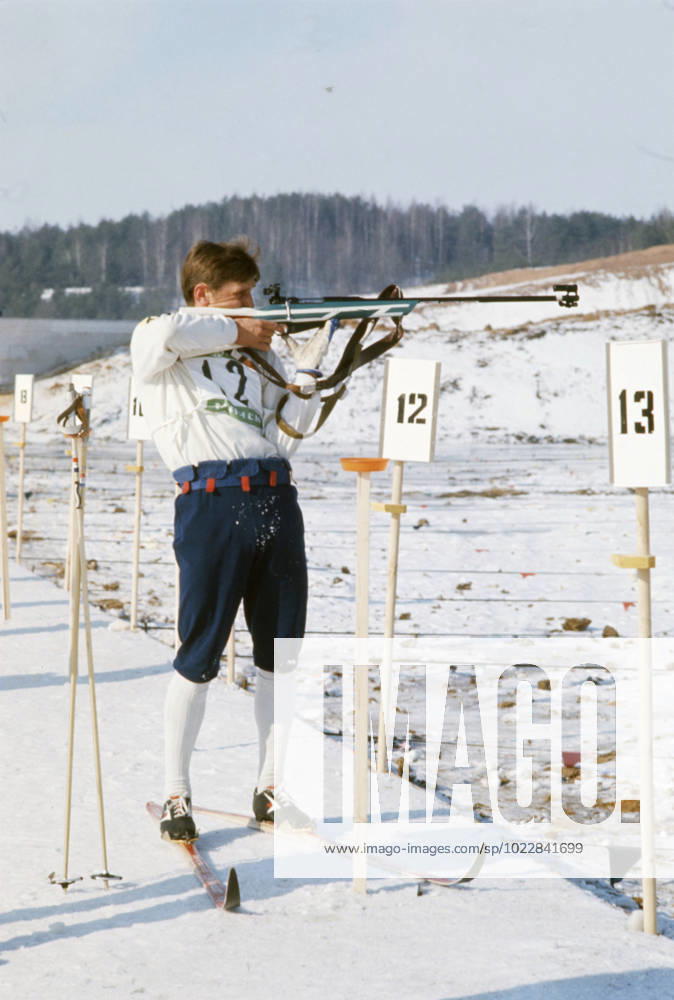 Minsk, Byelorussian SSR, USSR. Two-time Olympic champion, multiple world champion, Soviet biathlete Alexander Tikhonov shoots at the firing line during the race at the 13th Biathlon World Championships in the Raubichi Sports Complex. Vyacheslav Un Da-Sin TASS 32486274