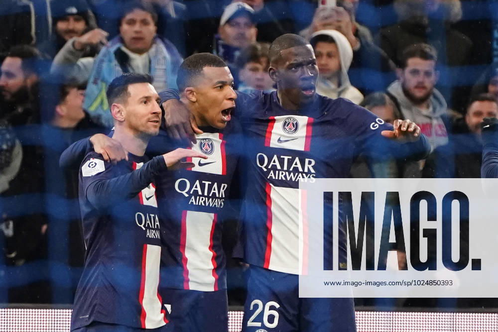 KW08 joie - Kylian MbappÃ (PSG) - Lionel Messi (PSG) - Nordi Mukiele (PSG) - Fabian Ruiz (PSG) FOOTBALL : Olympique de Marseille vs PSG - Ligue 1 Ubereats - Marseille - 26 02 2023 NorbertScanella Panoramic