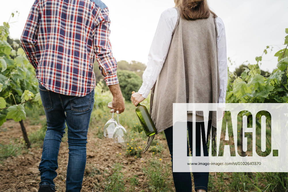 IMAGO Creative, Sommer, Weinfeste und Weinwanderungen Couple holding wineglasses and wine bottle while walking at vineyard model released Symbolfoto JRFF04478