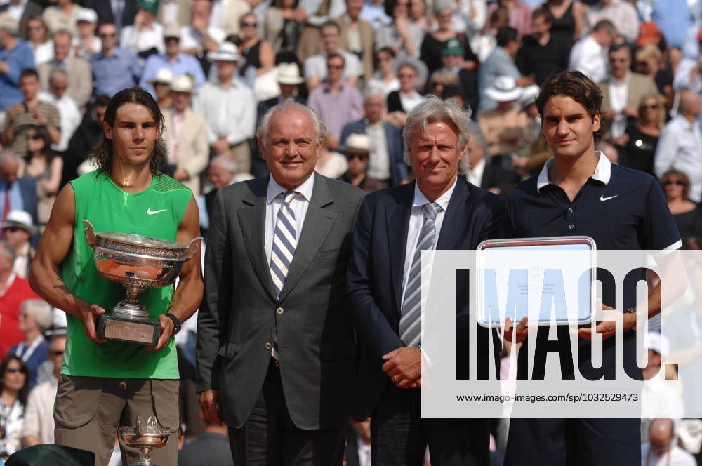Rafael Nadal defeats Roger Federer in their Final of the French Tennis Open in Roland Garros Spain s Rafael Nadal and Switzerland s Roger Federer, along with Christian Bimes and Bjorn Borg, hold their trophy after their Final during the French Tennis Open at Roland Garros in Paris France on June 8, 2008. Nadal won 6-1, 6-3, 6-0. Photo by Corinne Dubreuil Cameleon ABACAPRESS.COM Paris - France