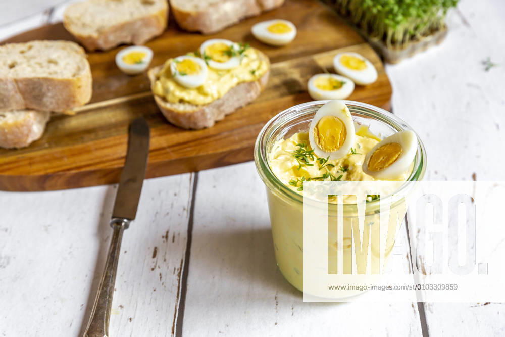 Jar of homemade egg salad with cress SARF04615