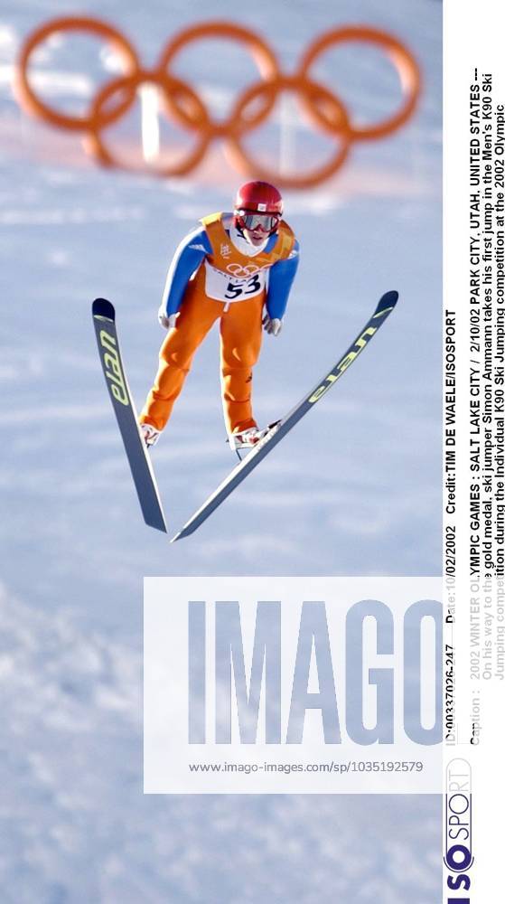 2002 WINTER Olympic Games, Olympische Spiele, Olympia, OS : 2002 WINTER OLYMPIC GAMES : SALT LAKE CITY 2 10 02 PARK CITY, UTAH, UNITED STATES --- On his way to the gold medal, ski jumper Simon Ammann takes his first jump in the Men s K90 Ski jumping, Skispringen, Ski, nordisch competition during the Individual K90 Ski Jumping competition at the 2002 Olympic Winter games, Winterspiele,Spiele, Summer games --- Photo by Trent Nelson Salt Lake Tribune Corbis Sygma JEUX OLYMPIQUES D HIVER OLYMPISCHE SPELEN www.iso be Ogden United States ETATS UNIS VERENIGDE STATEN