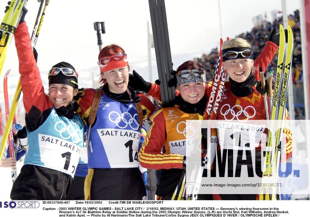 2002 WINTER Olympic Games, Olympische Spiele, Olympia, OS : 2002 WINTER OLYMPIC GAMES : SALT LAKE CITY 2 18 02, MIDWAY, UTAH, UNITED STATES --- Germany s winning foursome in the Women s 4x7.5k Biathlon Relay at Soldier Hollow during the 2002 Olympic Winter games, Winterspiele,Spiele, Summer games (L-R) are Uschi Disl, Kati Wilhelm, Andrea Henkel, and Katrin Apel. --- Photo by Al Hartmann The Salt Lake Tribune Corbis Sygma JEUX OLYMPIQUES D HIVER OLYMPISCHE SPELEN www.iso be Ogden United States ETATS UNIS VERENIGDE STATEN