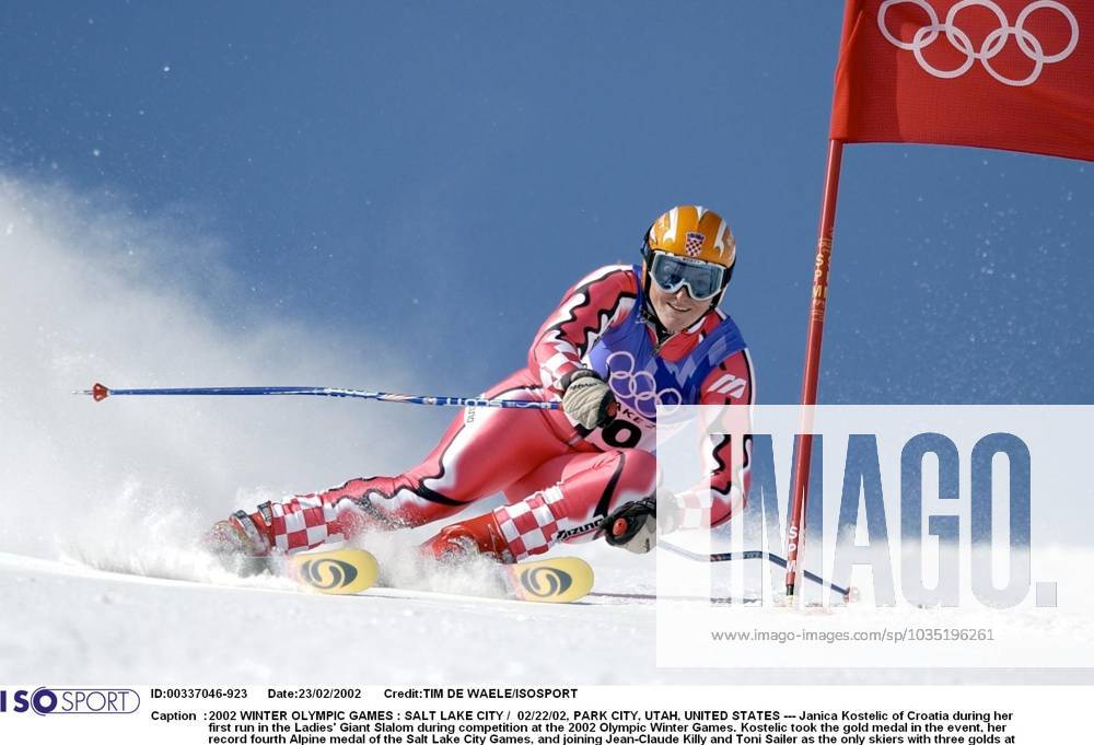 2002 WINTER Olympic Games, Olympische Spiele, Olympia, OS : 2002 WINTER OLYMPIC GAMES : SALT LAKE CITY 02 22 02, PARK CITY, UTAH, UNITED STATES --- Janica Kostelic of Croatia during her first run in the Ladies Giant Slalom during competition at the 2002 Olympic Winter games, Winterspiele,Spiele, Summer games Kostelic took the gold medal in the event, her record fourth Alpine medal of the Salt Lake City Games, and joining Jean-Claude Killy and Toni Sailer as the only skiers with three golds at one Olympics. --- Photo by Tim de Waele Isosport Corbis JEUX OLYMPIQUES D HIVER OLYMPISCHE SPELEN www.iso be Ogden United States ETATS UNIS VERENIGDE STATEN