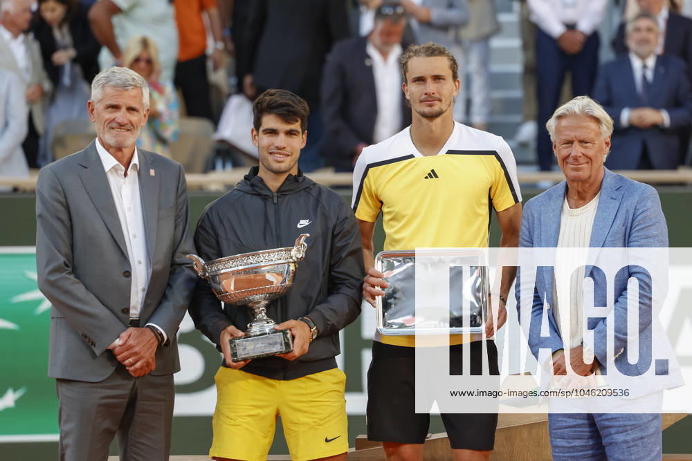 FFT President Gilles Moretton, Carlos Alcaraz ESP with the cup, trophy, finalist Alexander Zverev and tennis legend Bjorn Borg, award ceremony, presentation Tennis French Open 2024 Roland Garros Paris France 9 June 2024