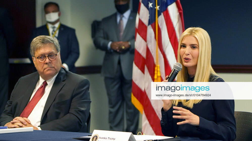 Ivanka Trump speaks during a panel discussion with federal officials and stake holders regarding combatting human trafficking as Attorney General William Barr (L) listens in Atlanta on Monday, September 21, 2020. ATL20200921117 TAMIxCHAPPELL
