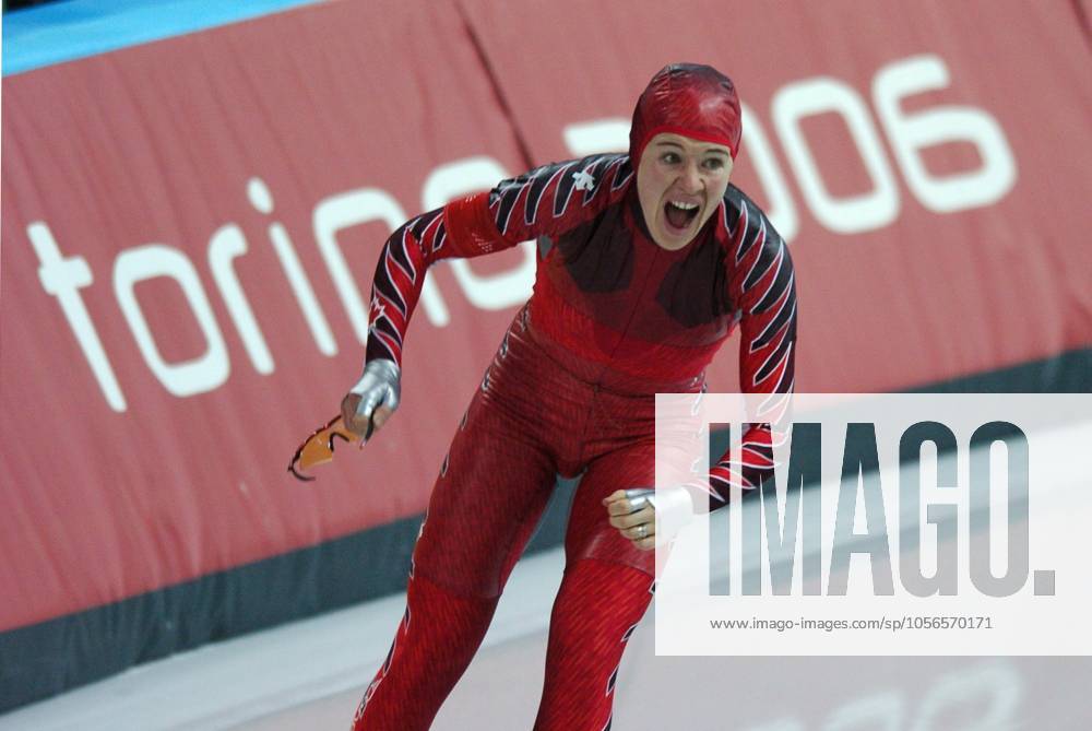 Clara Hughes, of Canada, reacts after seeing her time, which gave her the gold medal in the Ladies 5000-meter speedskating competition on Saturday, February 25, 2006, at the Oval Lingotto in Turin, Italy during the 2006 Winter Olympics. (Steve Deslich KRT) TURIN ITA