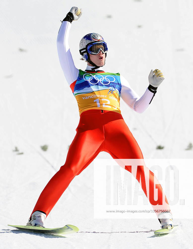 OLY-JUM-TEAM Thomas Morgenstern of Austria celebrates after landing his jump in the Team Ski jumping, Skispringen, Ski, nordisch event at the 2010 Olympic Winter games, Winterspiele,Spiele, Summer games in Whistler, B.C., on Monday, February 22, 2010. (Larry Wong Canwest News Service MCT) Whistler BC CAN