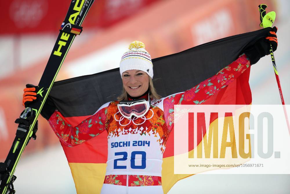 Women s Super Combined Alpine Skiing Germany s Maria Hoefl-Riesch celebrates her gold medal finish in the women s super combined skiing at the Rosa Khutor Alpine Center during the Winter Olympics in Sochi, Russia, Monday, Feb. 10, 2014. (Brian Cassella Chicago Tribune MCT) SOCHI RUS