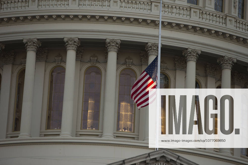 Washington, District Of Columbia, USA - The flag of the United States of America flies at half-staff above the United States Capitol Building a day after the deadliest mass shooting in American history in Las Vegas, Nevada.