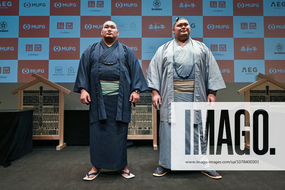 MUFG Paris Sumo Tournament press conference, PK, Pressekonferenz - Paris Hoshoryu Tomokatsu and Onosato Daiki pose for a photo after a press conference for the MUFG Paris Sumo Tournament 2026 in Paris on June 11, 2026. Photo by Firas Abdullah ABACAPRESS.COM Paris Ile-de-France France