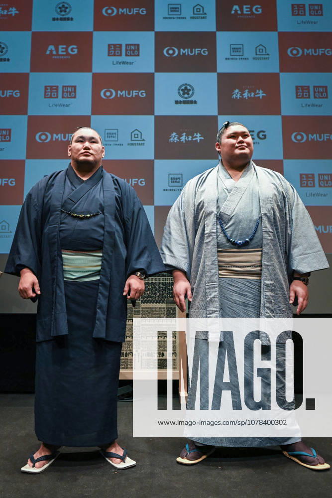MUFG Paris Sumo Tournament press conference, PK, Pressekonferenz - Paris Hoshoryu Tomokatsu and Onosato Daiki pose for a photo after a press conference for the MUFG Paris Sumo Tournament 2026 in Paris on June 11, 2026. Photo by Firas Abdullah ABACAPRESS.COM Paris Ile-de-France France