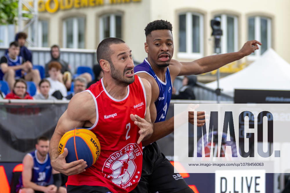 Duel between Milos Jovanovic Team Bonn, 02 and Lagio Grantsaan, Team Twente, 23 Innside 3x3 Circus, basketball, group phase, D Sports, 13 06 2026 Innside 3x3 Circus, basketball, group phase, D Sports, 13 06 2026 Duesseldorf