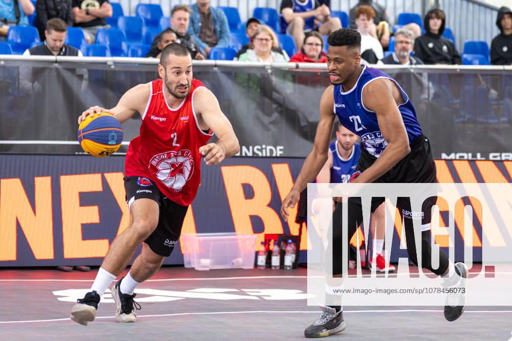 Duel between Milos Jovanovic Team Bonn, 02 and Lagio Grantsaan Team Twente, 23 Innside 3x3 Circus, basketball, group phase, D Sports, 13 06 2026 Innside 3x3 Circus, basketball, group phase, D Sports, 13 06 2026 Duesseldorf