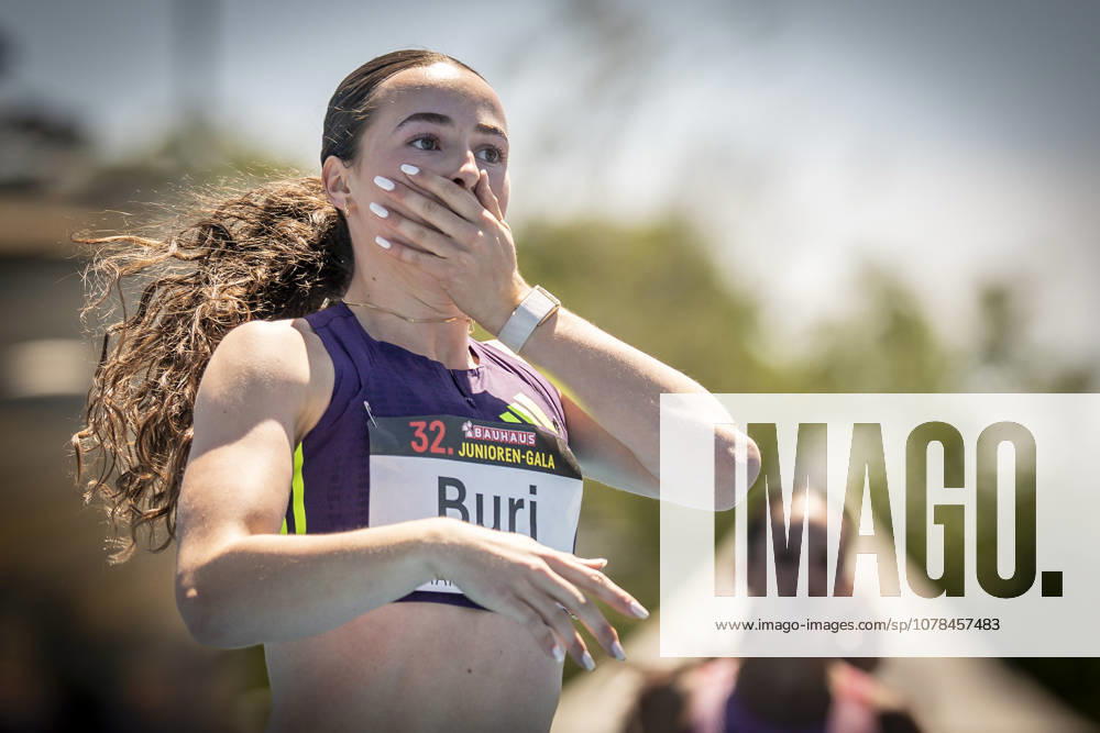 MANNHEIM, GERMANY - JUNE 13, 2026 : Xenia Buri (SUI Switzerland) runs a 11,14 in the 100m and reacts during the Juniorengala 2026 at Michael-Hoffmann-Stadion on June 13, 2026 in Mannheim, Germany. Baden-Wuerttemberg Germany