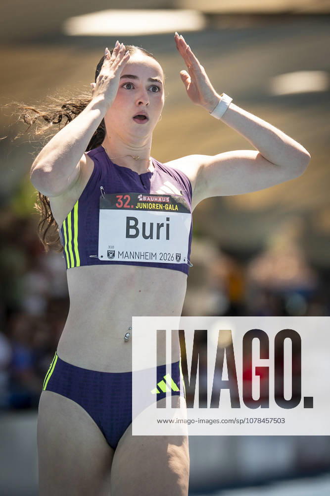 MANNHEIM, GERMANY - JUNE 13, 2026 : Xenia Buri (SUI Switzerland) runs a 11,14 in the 100m and reacts during the Juniorengala 2026 at Michael-Hoffmann-Stadion on June 13, 2026 in Mannheim, Germany. Baden-Wuerttemberg Germany