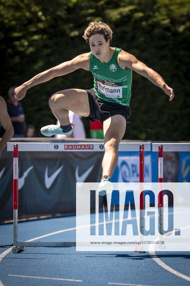 MANNHEIM, GERMANY - JUNE 13, 2026 : Nils Hofmann (GER HNT Hamburg) competing in the men’s U20 400m hurdles during the Juniorengala 2026 at Michael-Hoffmann-Stadion on June 13, 2026 in Mannheim, Germany. Baden-Wuerttemberg Germany