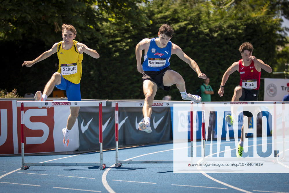 MANNHEIM, GERMANY - JUNE 13, 2026 : Tjark Schult (GER LG Flensburg), Jannis Gartmann (GER VfL Sindelfingen), Max Baxa (AUT Austria) competing in the men’s U20 400m hurdles during the Juniorengala 2026 at Michael-Hoffmann-Stadion on June 13, 2026 in Mannheim, Germany. Baden-Wuerttemberg Germany
