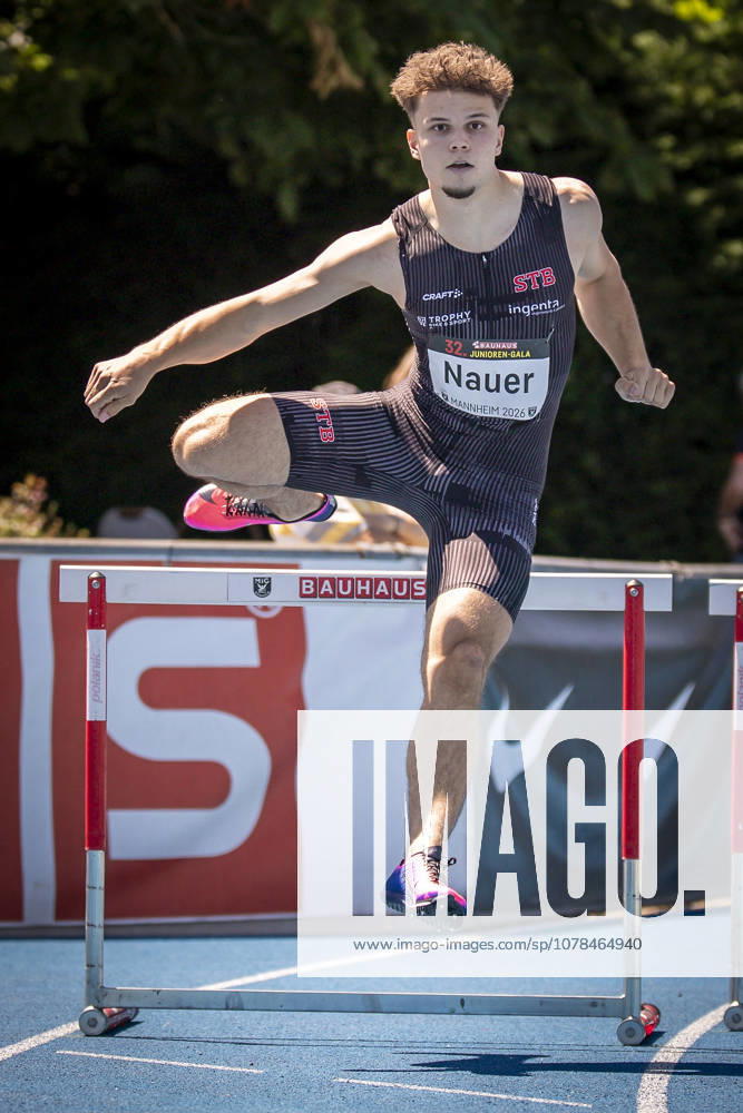 MANNHEIM, GERMANY - JUNE 13, 2026 : Jules Nauer (SUI Switzerland) competing in the men’s U20 400m hurdles during the Juniorengala 2026 at Michael-Hoffmann-Stadion on June 13, 2026 in Mannheim, Germany. Baden-Wuerttemberg Germany